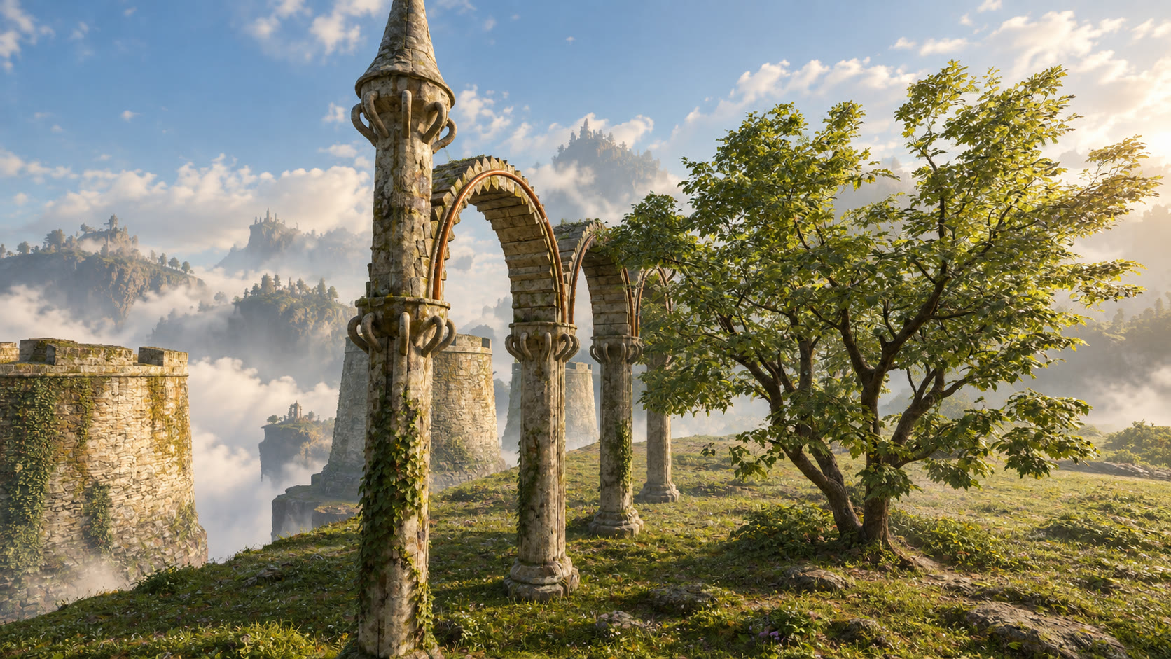 Enhanced fantasy artwork based on the Vernal Abbey’s in-game architecture