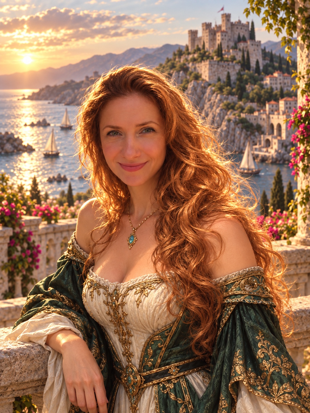Oana Rinaldi in an emerald and ivory fantasy dress overlooking a sunlit coastal castle