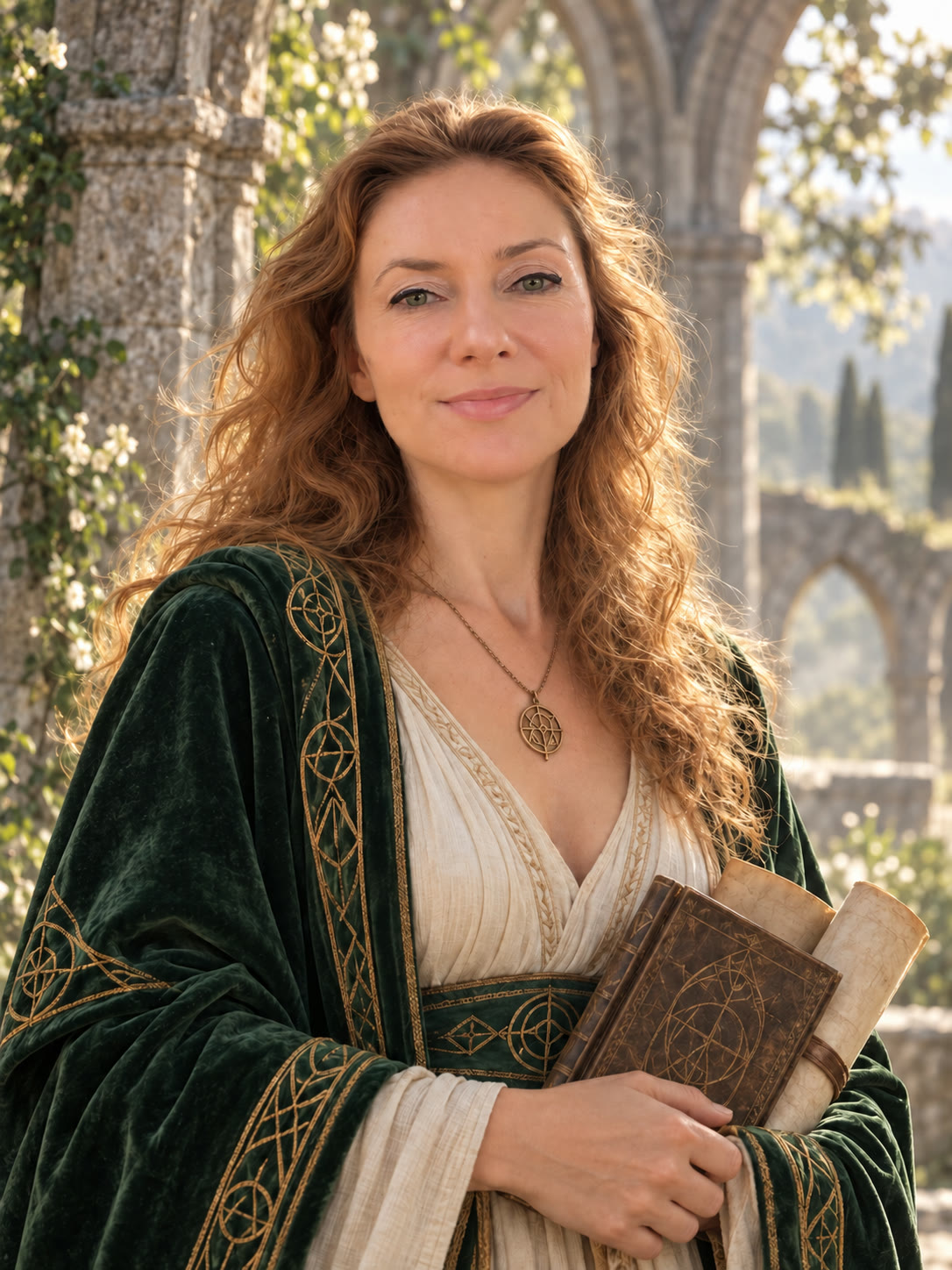 Oana Rinaldi portrayed as a fantasy architect in an emerald robe